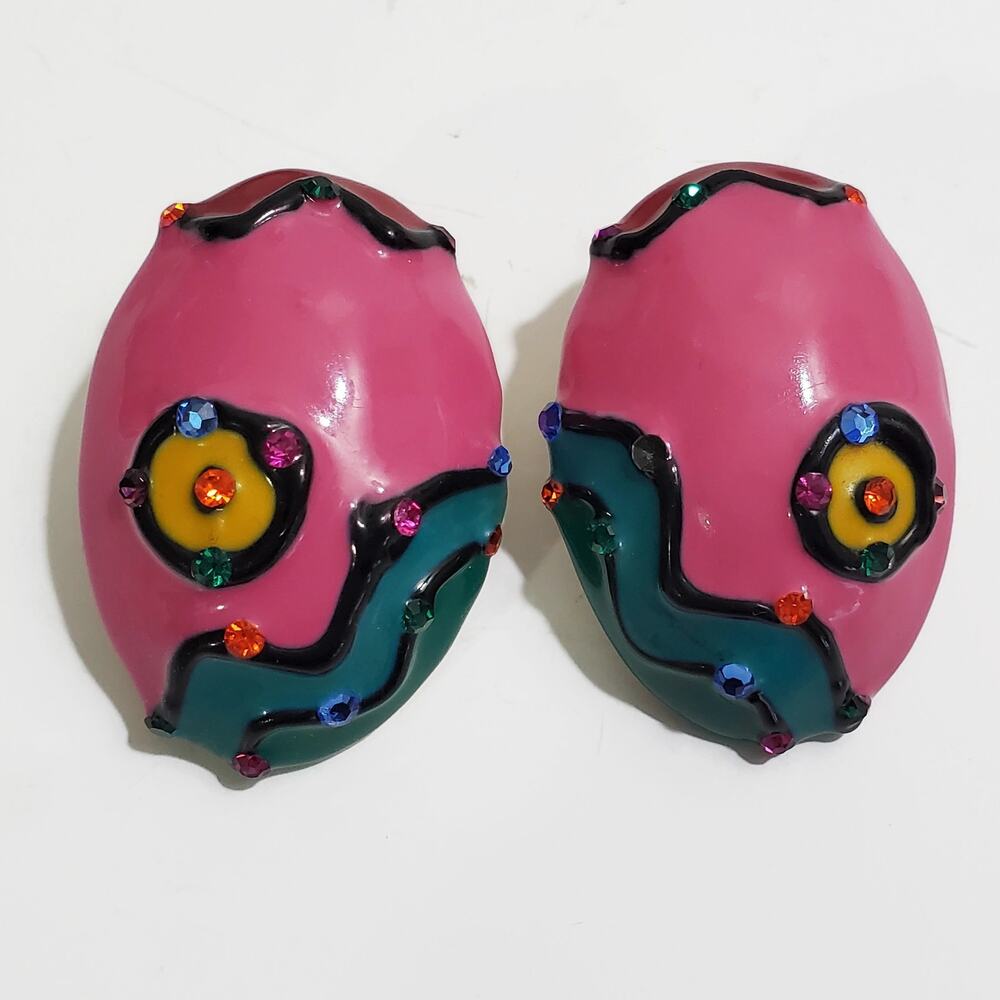 Vintage 1980s Colorful Enamel & Rhinestone Oversized Clip Earrings